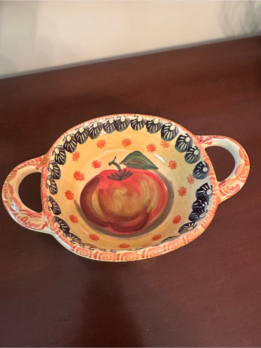 Hand-Painted Ceramic Serving Bowl in Orange and Red by
